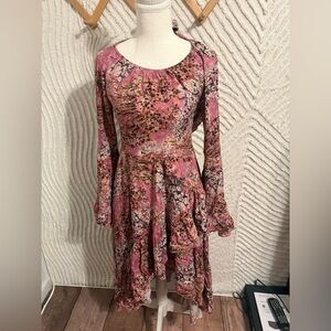 Joyfolie Girls Hi-Low Floral Pink Dress Ruffle Bell Sleeve Scoop Neck Size 12
